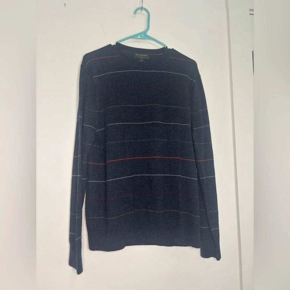 BANANA REPUBLIC NAVY STRIPED 100% MERINO WOOL MENS SWEATER SZ LARGE